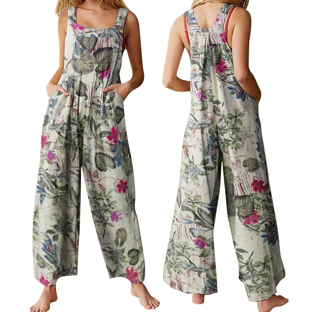 Combhasaki Women's S-3XL Cotton and Linen Jumpsuit Leaf Floral Print Square Neck Sleeveless Casual Loose Overalls with Pockets - Matrix Studios
