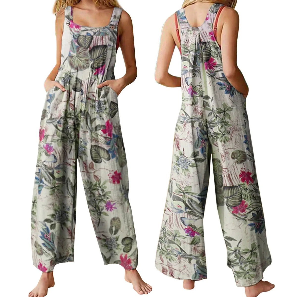 Combhasaki Women's S-3XL Cotton and Linen Jumpsuit Leaf Floral Print Square Neck Sleeveless Casual Loose Overalls with Pockets - Matrix Studios