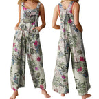 Combhasaki Women's S-3XL Cotton and Linen Jumpsuit Leaf Floral Print Square Neck Sleeveless Casual Loose Overalls with Pockets - Matrix Studios