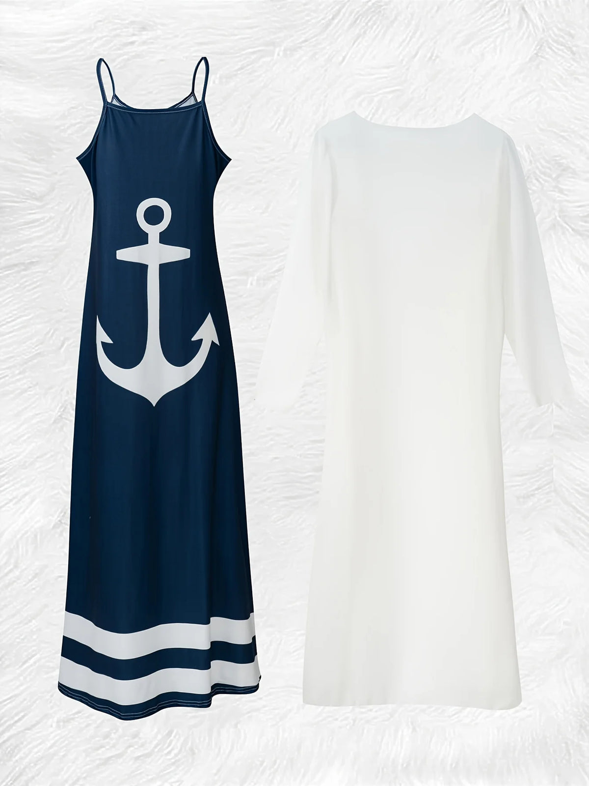 Casual Navy Blue and White Anchor Print Long Sleeve Dress Set for Women Fashion Summer Fall Outfit Matching Two Piece - Matrix-studios.com
