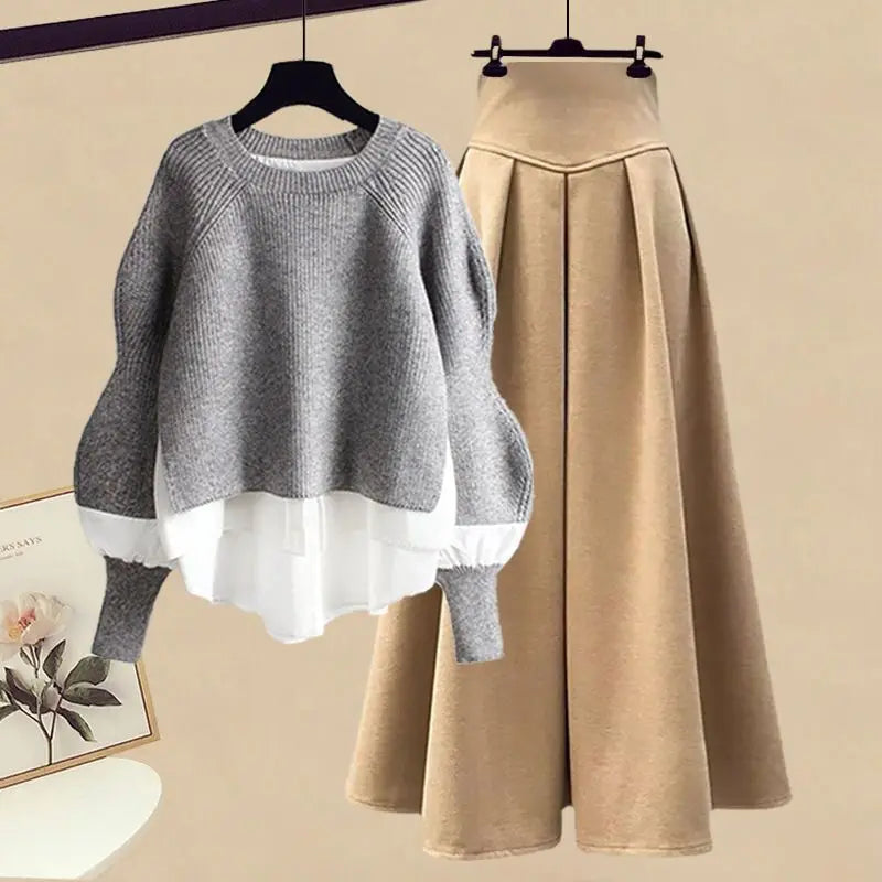2026 Spring/Autumn New Korean Elegant Splice Fake Two Piece Knitted Sweater Dress Matching Set Women's Chic Pullover Skirt Set - Matrix-studios.com