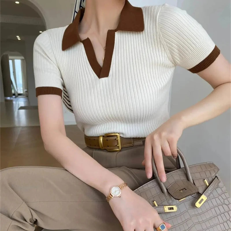Short Sleeve Polo Neck Knitted Tops Women Lightweight Knitted Sweater Polo Shirts Elegant Office Lady Casual Chic Outfit - Matrix-studios.com
