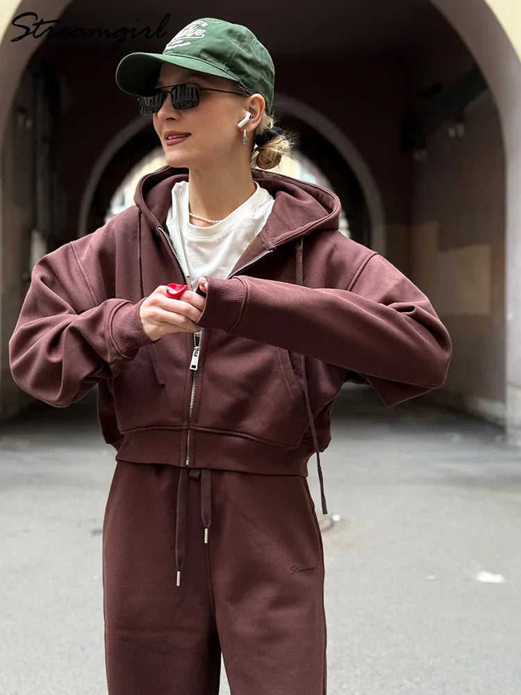 Women Tracksuits Winter Fleece Sweatsuit Brown Warm Crop Zipper Hoodies And Sweatpants Set For Women 2 Piece Velvet Pants Sets - Matrix-studios.com