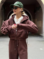 Women Tracksuits Winter Fleece Sweatsuit Brown Warm Crop Zipper Hoodies And Sweatpants Set For Women 2 Piece Velvet Pants Sets - Matrix-studios.com