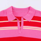 2026 Pink Red Striped Polo Knit Pullover - Women's Turn Down Collar Long Sleeve Loose Top, Spring Autumn Casual Wear for Daily - Matrix-studios.com