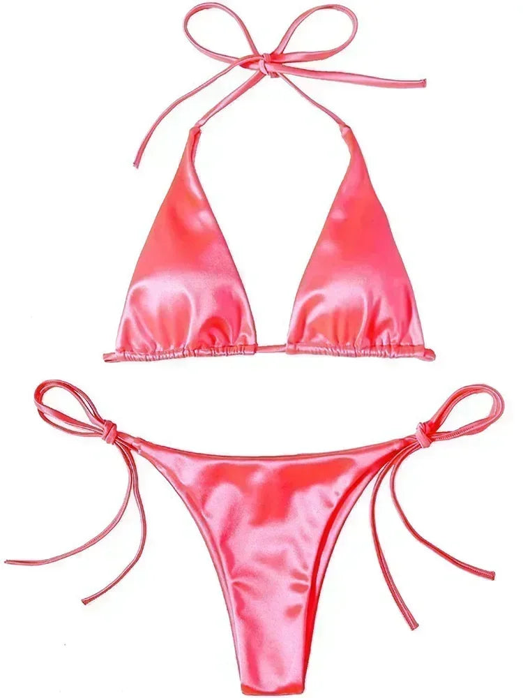 Halter Brazilian Metallic Satin Bikini Women Swimwear Female Swimsuit Two-pieces Bikini Set High Cut Bathing Suit Swim Beachwear - Matrix-studios.com