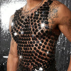 Sparkling Diamond Cut-Out See-Through Vest For Men - New Summer Style Sexy Nightclub Party Fishnet Beaded Outerwear Top - Matrix Studios
