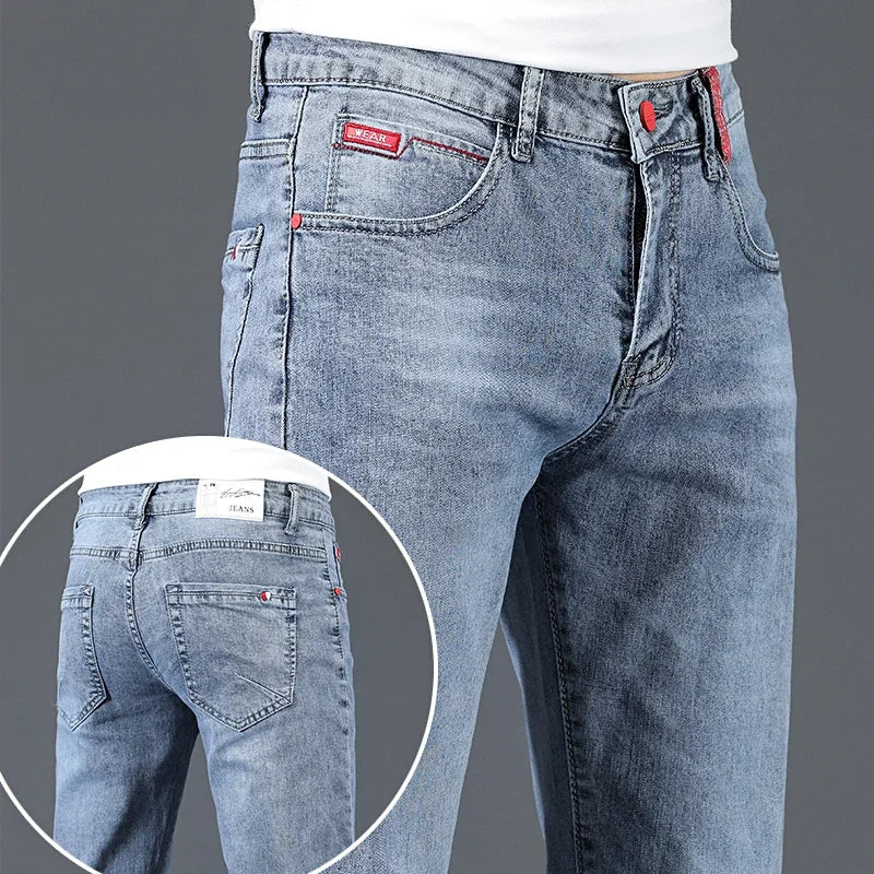 2024 New Men's Cotton Business Casual Skinny Jeans Trendy Fashionable Stretch Straight Slim Denim Trousers Male Blue Grey - Matrix Studios