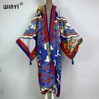 2023 WINYI New Cotton Feeling Bikini Cover-ups Bohemian Print Front Open Long Kimono Kaftan Beach Cover Ups for Swimwear Dresses - Matrix Studios
