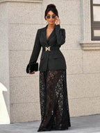 Women's Lapel Long Sleeve Blazer Matching Maxi Skirt Outfit For Street Evening Party Daily Fashion Occasions