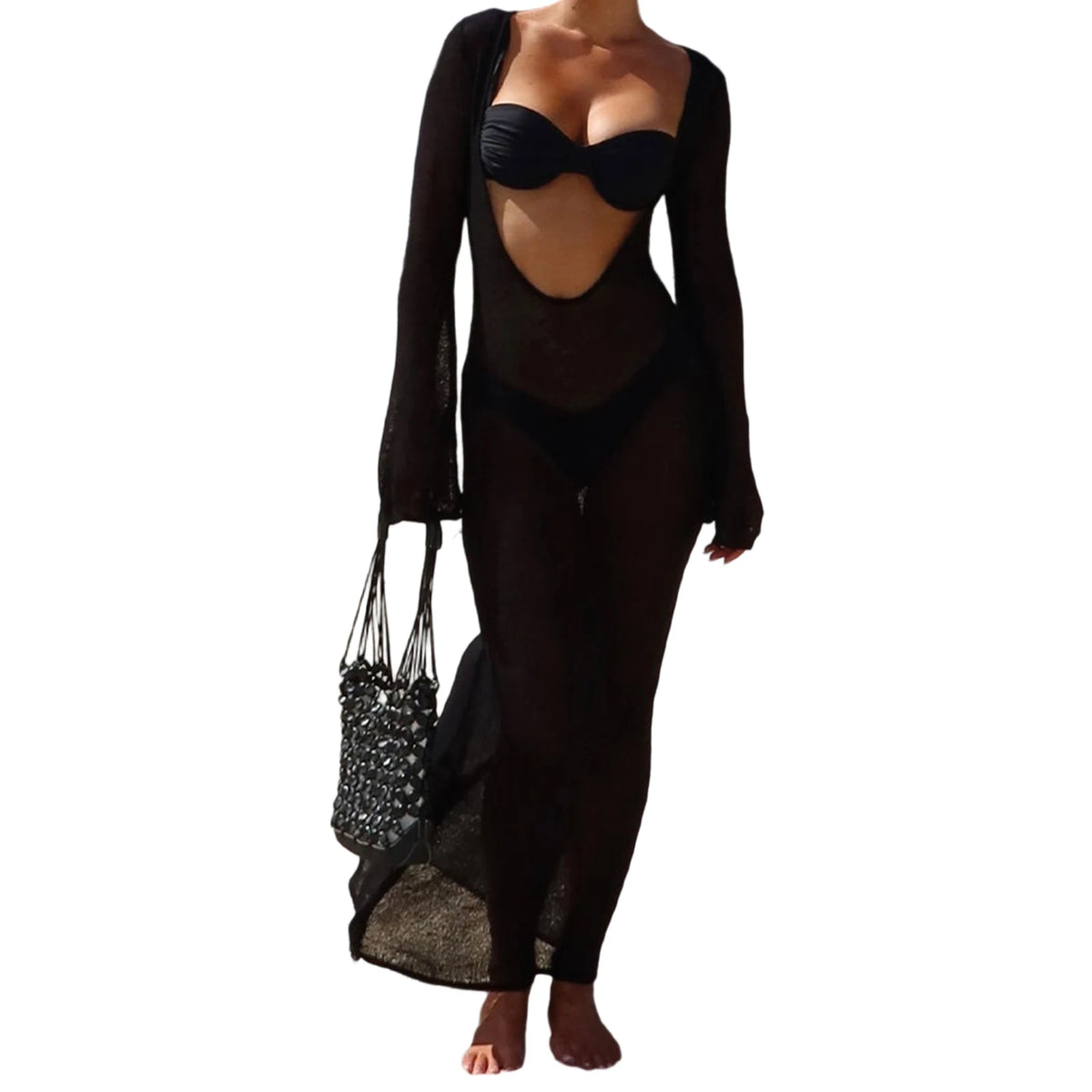 Women Vintage Summer Beach Cover Up Solid See-Through Long Sleeve Swimsuit Coverup Bathing Suit Cover Ups Bodycon Long Dresses - Matrix Studios