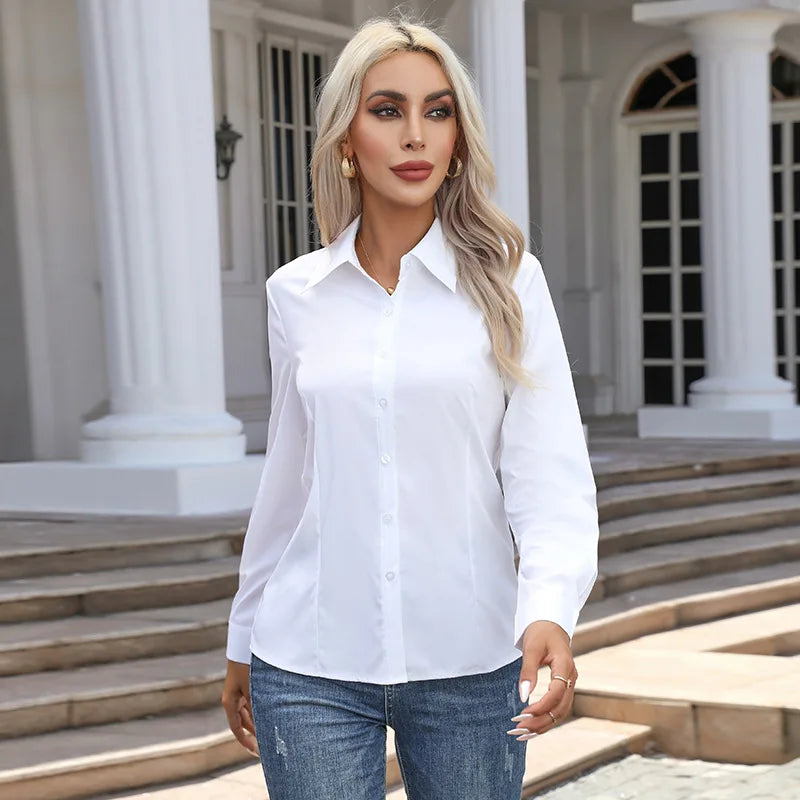 Women Spring Autumn Style Blouses Shirts Lady Casual Long Sleeve Turn-down Collar Solid Color Blouse Tops - Matrix-studios.com