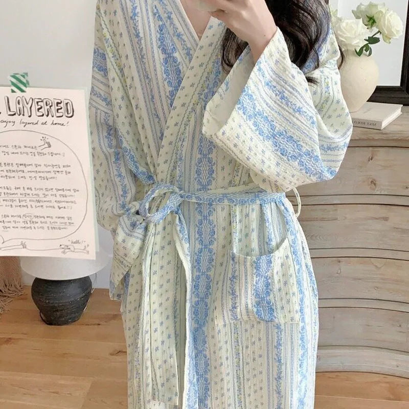 Sweet, Fresh, And Retro Striped Floral Nightgown and Pajamas for Women: Long-Sleeve Bathrobe and Loungewear for Spring and Fall - Matrix-studios.com