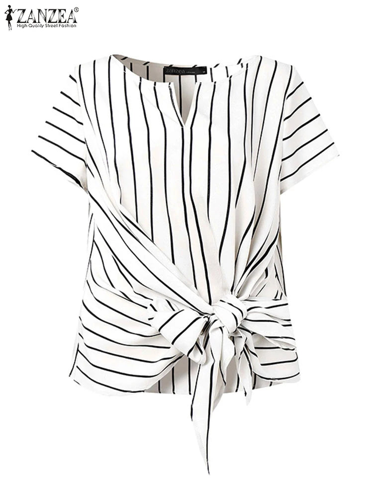 Fashion Stripe Blouse 2025 ZANZEA Summer Women V Neck Short Sleeve Tops Elegant Work OL Shirt Casual Loose Blusas Female Chemise - Matrix-studios.com