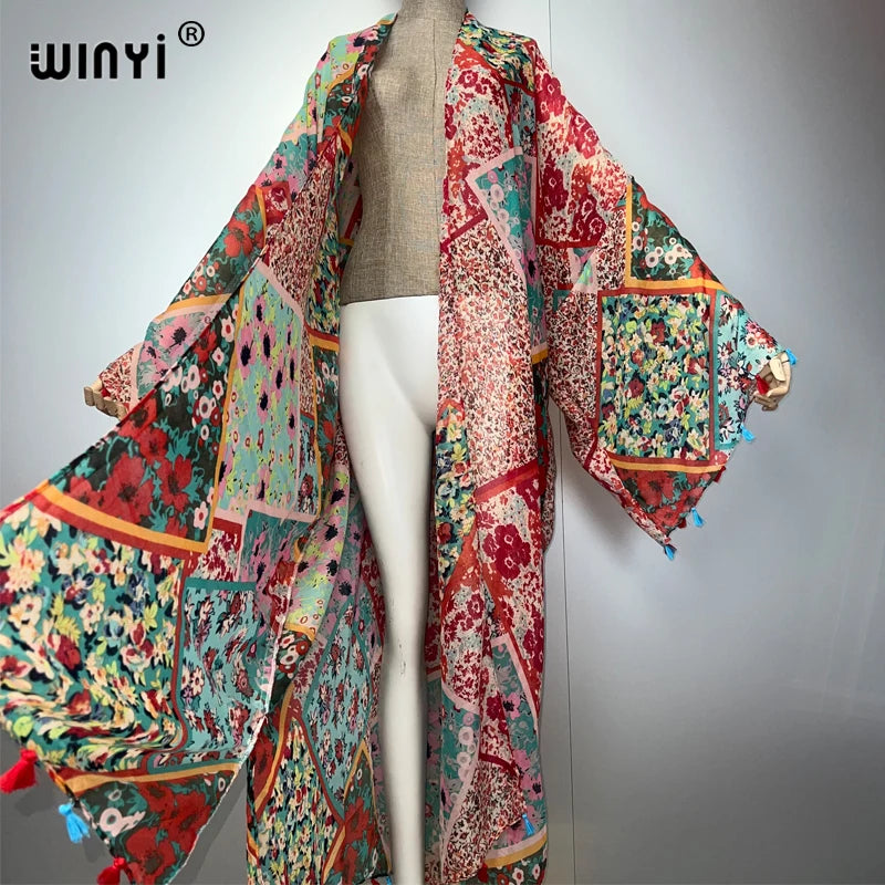 WINYI Bohemian Kimono Print Women Coat Loose Tassels Long Coat Beach Holiday Swimming Cover Up Party Dresses Luxury Dubai Abaya - Matrix Studios