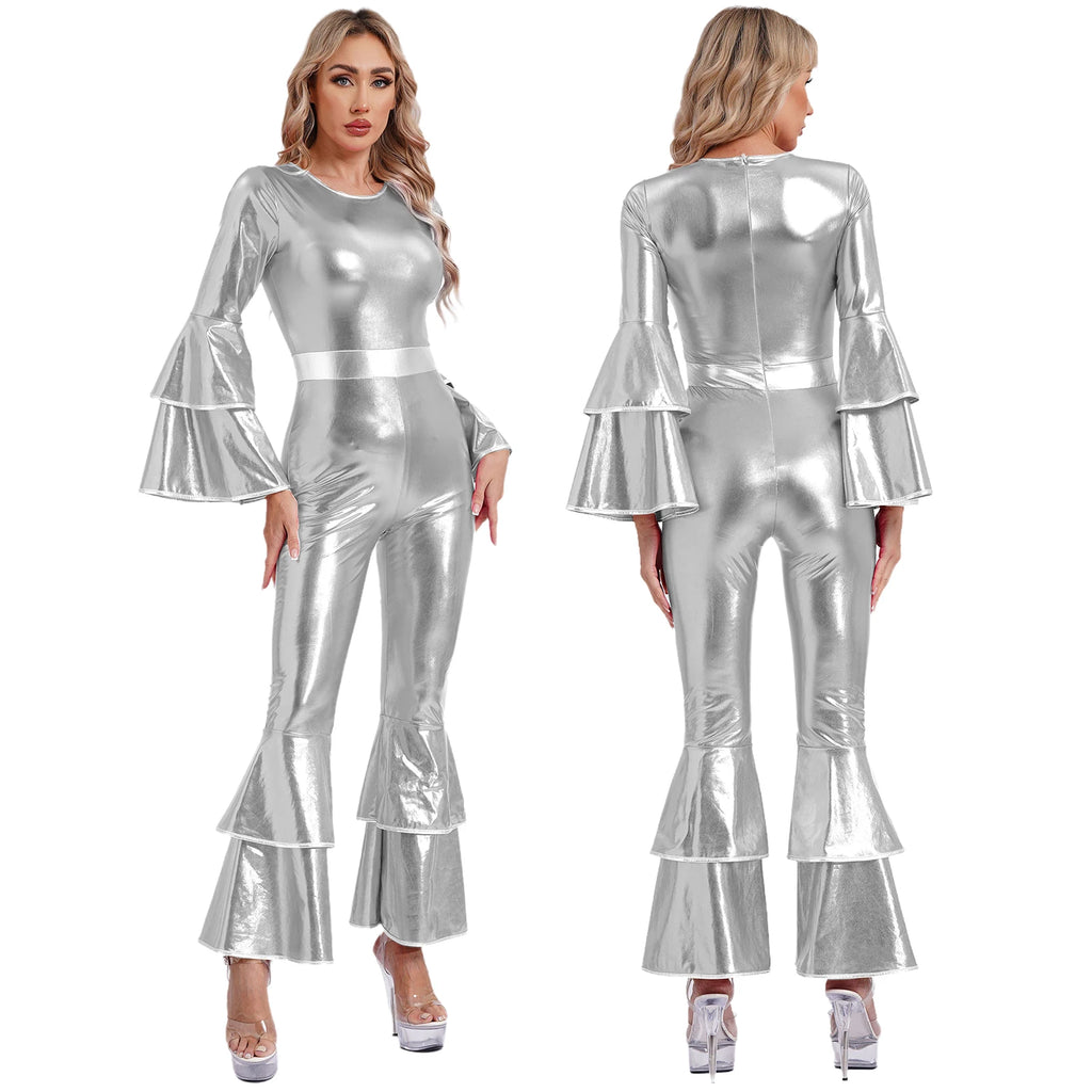 Womens 70S Disco Vintage Jumpsuit Metallic Shiny Flare Sleeve Bodysuit Hippie Bell Bottom Jazz Dance Carnival Rave Party Costume - Matrix Studios