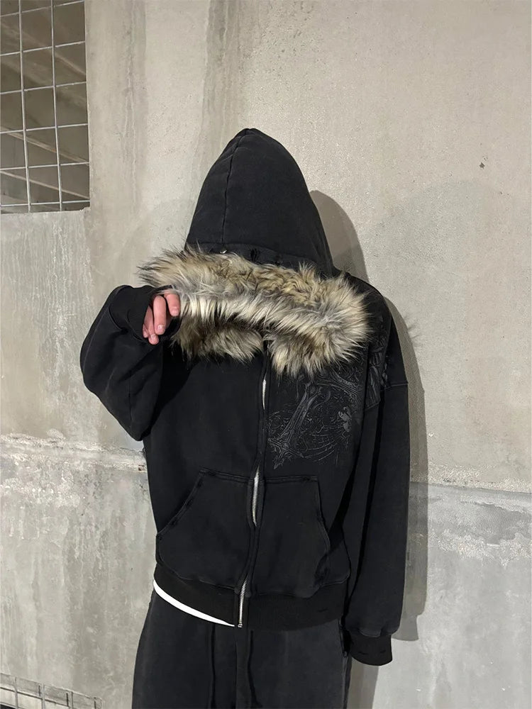 Autumn Winter Y2k Women Aesthetic Harajuku Faux Fur Collar Hoodies Clothes Graphic Hip Hop Punk Gothic Zip Up Hoodies 2026 New - Matrix-studios.com