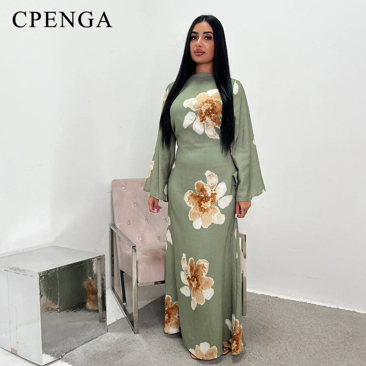 Arabesque Bell Sleeve Flowy Maxi Abaya Dress Elegant Floral Print Muslim Modest Long Dress Islamic Vacation Outfit Summer Robe - Matrix-studios.com
