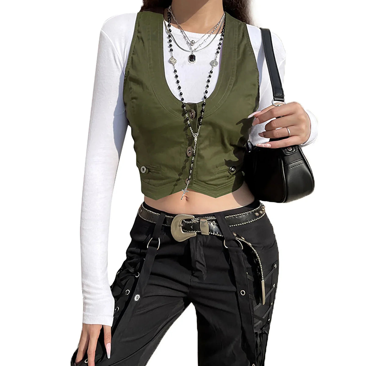 Combhasaki Y2K Vintage Women's Solid Color Irregular Hem Crop Vest Button-down U-shaped Neck Aesthetic Grunge Waistcoat Tops - Matrix Studios