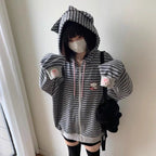 2000S American Vintage Striped Loose Long Sleeve Hooded Sweatshirt Y2k Subculture Casual Zip Up Hooded Cardigan Harajuku Coats - Matrix Studios