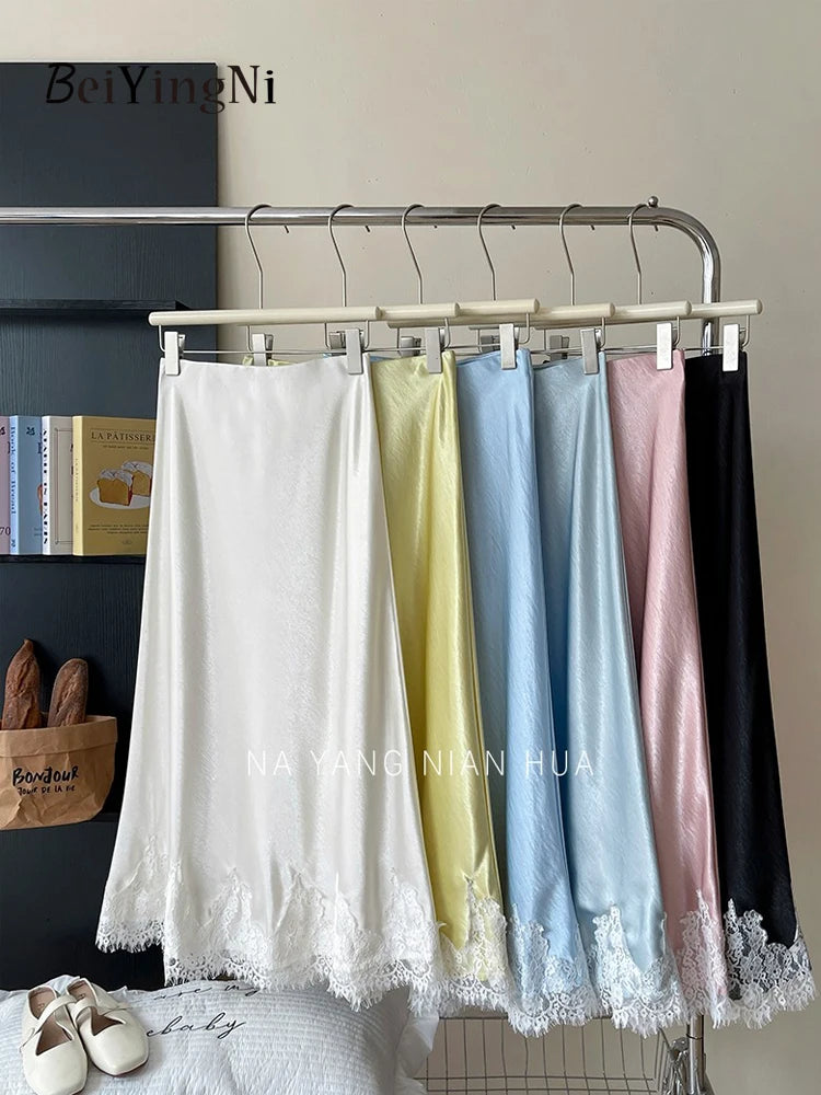 Beiyingni French Elegant Satin Mermaid Skirt Women Spring Summer Lace Patchwork Pack Hip Long A-line Skirts Office Ladies Faldas - Matrix-studios.com