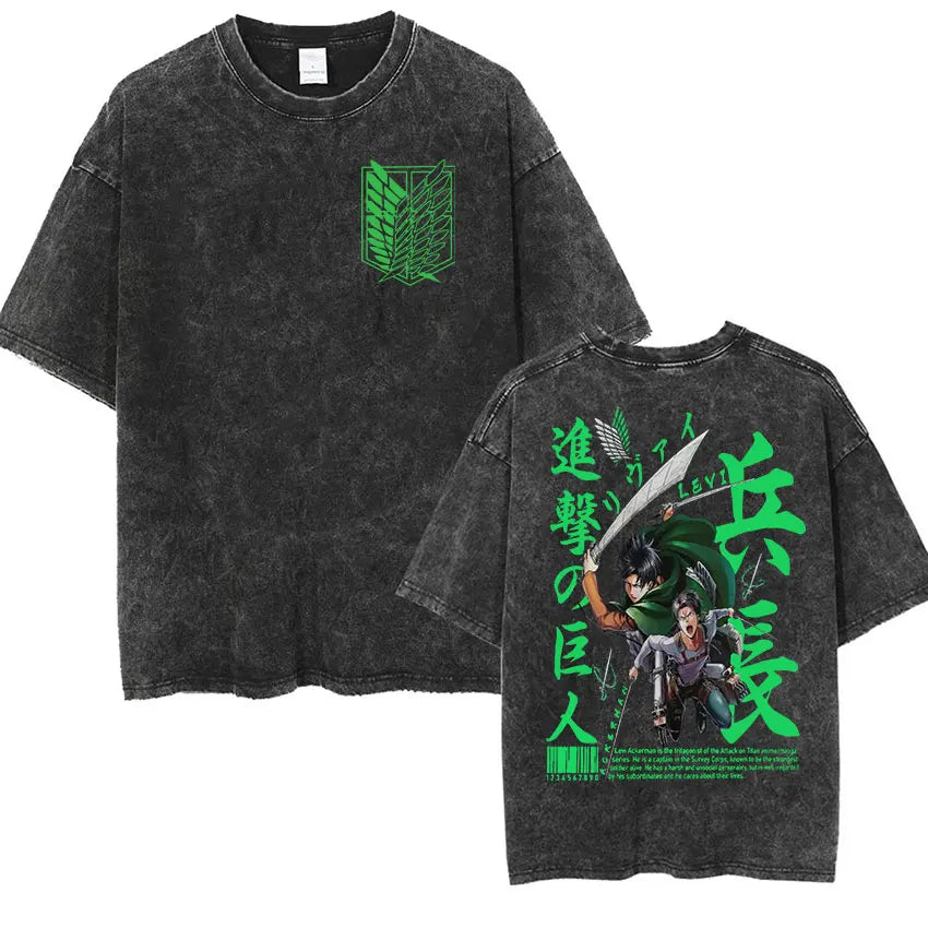 Anime Attack on Titan Vintage Washed Print T-shirt Mikasa Ackerman Eren Jaeger Wings of Freedom Logo Mens Summer Cotton T-shirts - Matrix Studios