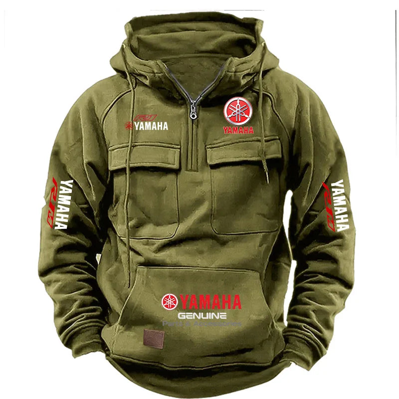 2026 New YAMAHA Logo Motorcycle Racing Race Retro Velvet Half Zipper Hoodie Men's Multi Pocket Autumn/Winter Casual Sweatshirt - Matrix Studios