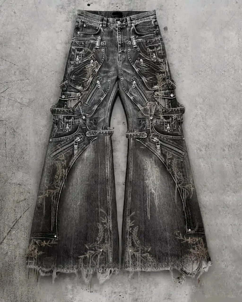Streetwear Goth Punk Multi-Pocket Cargo Jeans Mens Black Distressed Flared Denim Pants with Straps Zippers Studs  Frayed Edges - Matrix Studios