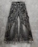 Streetwear Goth Punk Multi-Pocket Cargo Jeans Mens Black Distressed Flared Denim Pants with Straps Zippers Studs  Frayed Edges - Matrix Studios