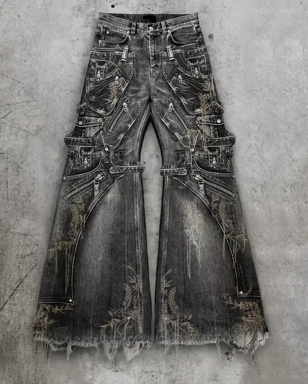 Streetwear Goth Punk Multi-Pocket Cargo Jeans Mens Black Distressed Flared Denim Pants with Straps Zippers Studs  Frayed Edges - Matrix Studios