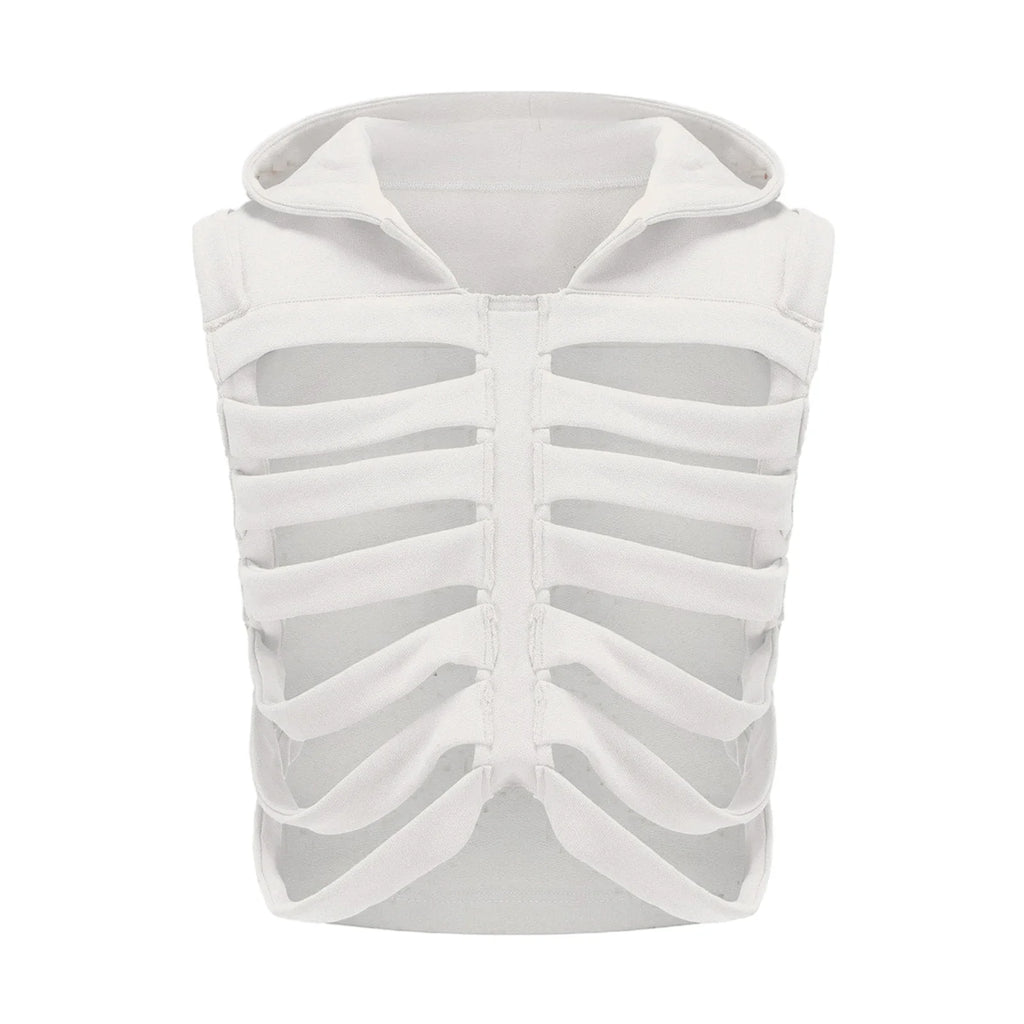 Women Gothic Vest Coat Hollowed Skeletal Gilet Hoodie Sleeveless Hooded Waistcoat Streetwear for Party - Matrix Studios