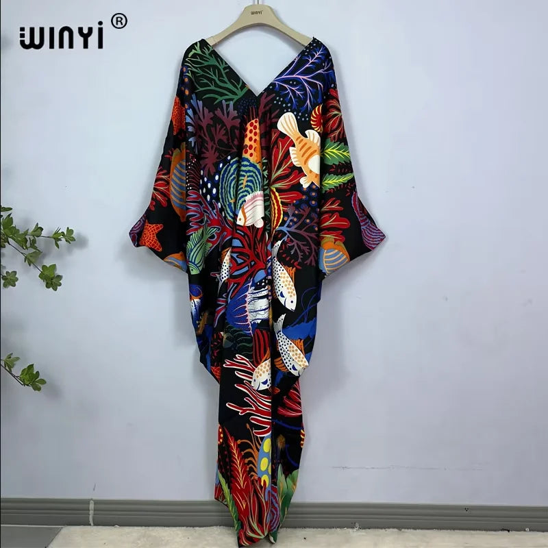 WINYI Print Summer Maxi Dress Muslim Abaya Lady Beach Cover Up Muslim Woman Dresses Beachwear Fashion Kaftan Abaya Dubai Luxury - Matrix Studios