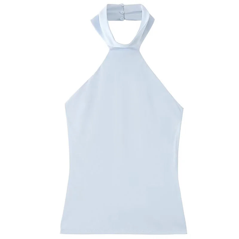 HXAO Halter Top Women Summer 2025 Tanks & Camis Green Blue Tight Tops Sexy Off Shoulder Sleeveless Backless Tops Elegant Vests - Matrix-studios.com