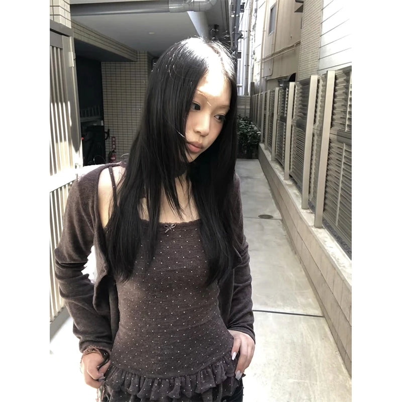 Karrram Japanese Y2k Knitted Tops Two Piece Set Vintage Harajuku Button Knit T-shirt Sets Korean 2000s Style Knitwear American - Matrix-studios.com