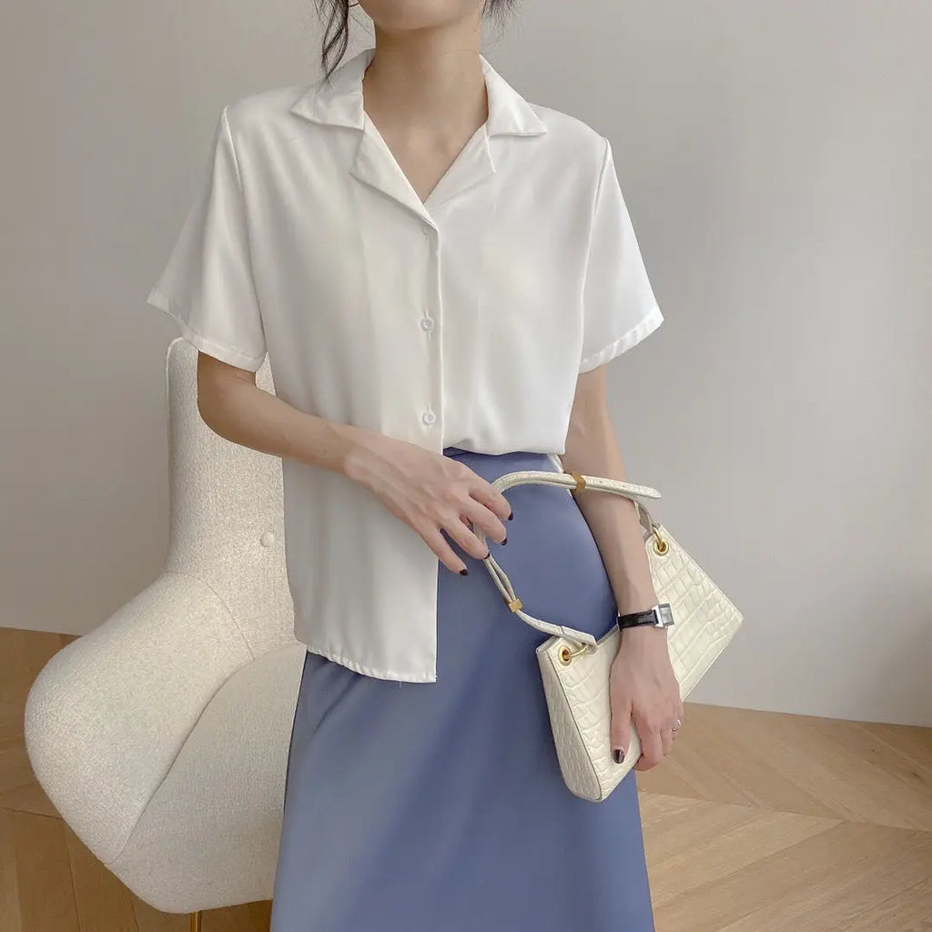 Women Summer Chiffon Blouse Elegant Short Sleeve V Neck Loose Shirt Casual Solid Korean Chic Simple Tops Female Tunic Blusas - Matrix-studios.com