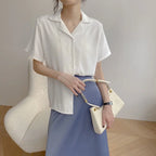 Women Summer Chiffon Blouse Elegant Short Sleeve V Neck Loose Shirt Casual Solid Korean Chic Simple Tops Female Tunic Blusas - Matrix-studios.com