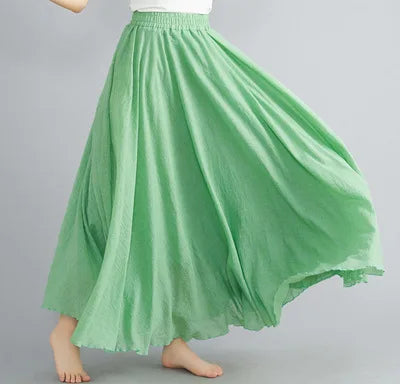 28-Color Mori Girl Literary Cotton Linen Dress Elastic Waist A-line Expansion Skirt Solid Color Ethnic Style Women Long Skirts - Matrix-studios.com