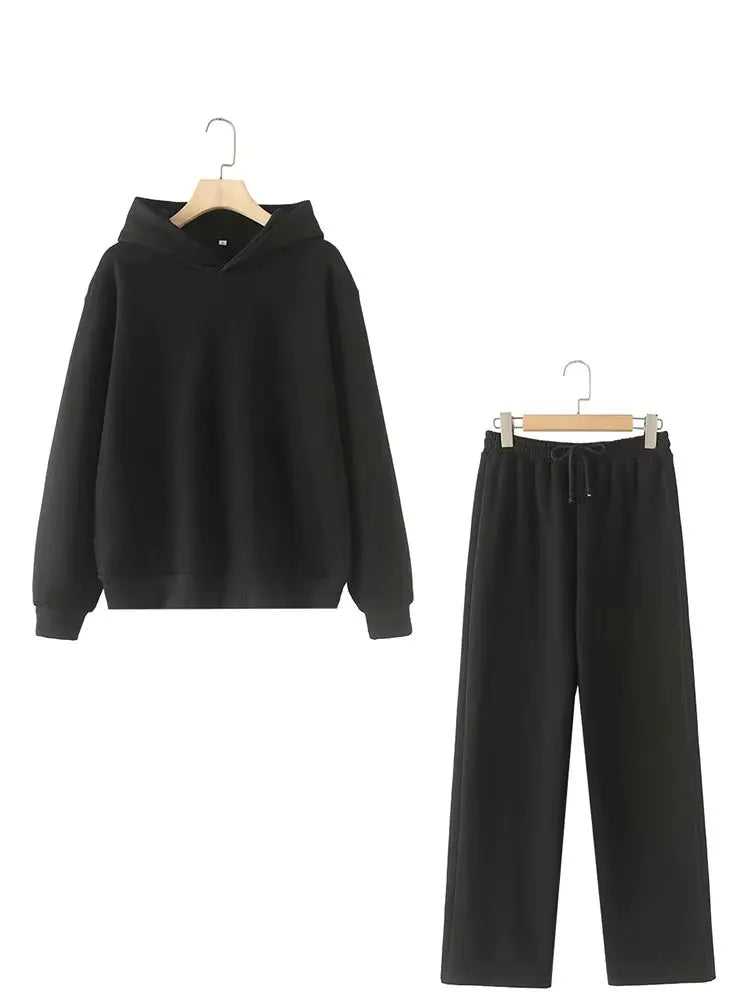 HH Women Solid Casual Sweatshirt Pant Suit Long Sleeve Hooded Fleece Pullover Coat Loose Straight Trousers Office Lady Sets - Matrix-studios.com