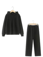 HH Women Solid Casual Sweatshirt Pant Suit Long Sleeve Hooded Fleece Pullover Coat Loose Straight Trousers Office Lady Sets - Matrix-studios.com