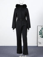 Casual Fur-Trimmed Hooded Ski Suit Women Fashion Belted Slim Full Sleeve Warm Jumpsuits Female 2026 Winter Snow Bodysuit Lady - Matrix Studios