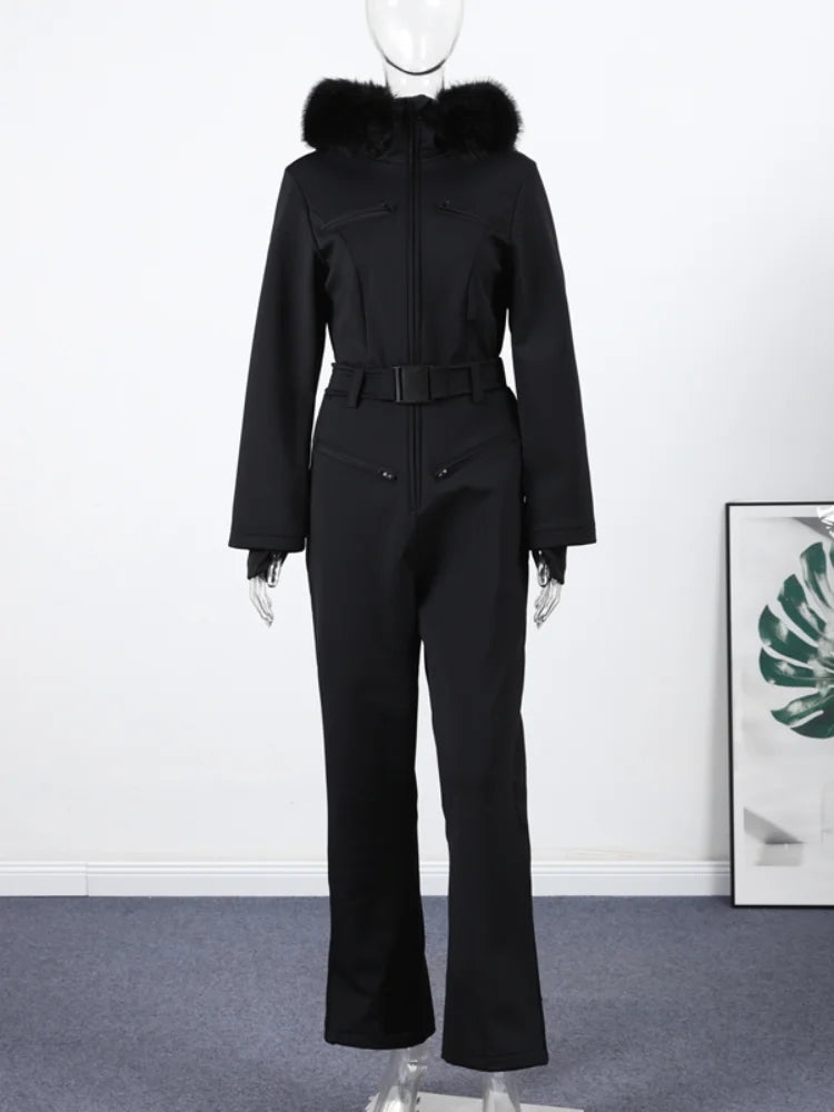 Casual Fur-Trimmed Hooded Ski Suit Women Fashion Belted Slim Full Sleeve Warm Jumpsuits Female 2026 Winter Snow Bodysuit Lady - Matrix Studios
