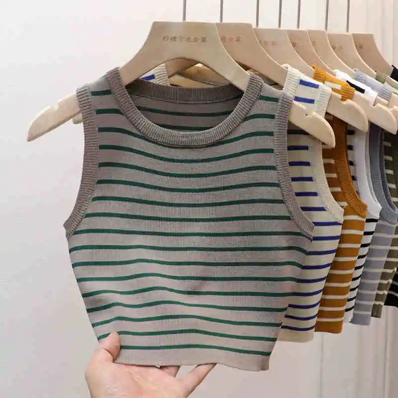 2026 Spring Summer New Sleeveless Ice Silk Knit Tank Top Striped O-Neck Women's Camisole Slim Fit Versatile Sexy Crop Tops - Matrix-studios.com