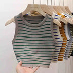 2026 Spring Summer New Sleeveless Ice Silk Knit Tank Top Striped O-Neck Women's Camisole Slim Fit Versatile Sexy Crop Tops - Matrix-studios.com
