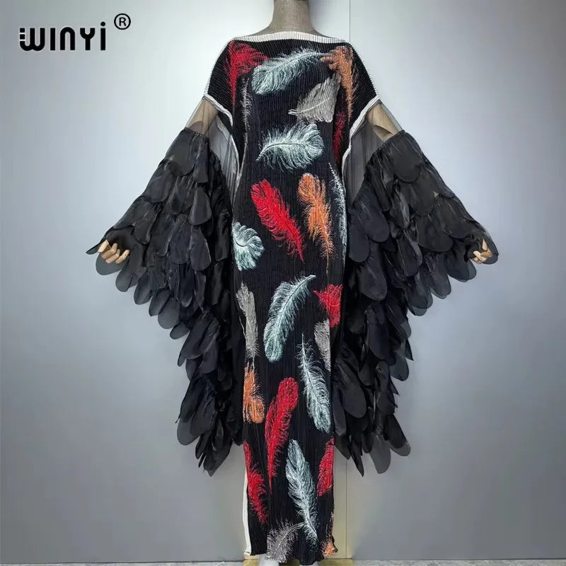 WINYI Pleated Elastic Slim Dress Beach Cover Up Kaftan Abaya Dubai Luxury Party Dress Crimping Evening Dress Abaya Muslim Woman - Matrix-studios.com