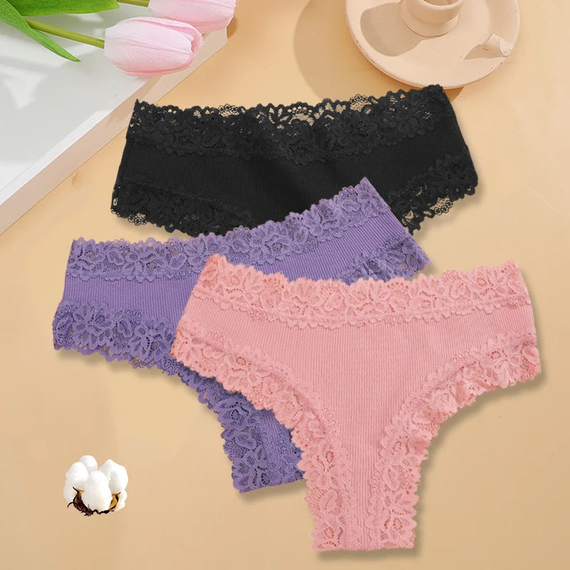 3PCS/Set Women Sexy Lace Panties Cotton Seamless Brazilian Panties Female Sexy Low Rise Soft Underwear G-String Lingerie S-XL - Matrix Studios