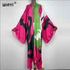 WINYI Catwalk Kimono Women Printed bubble hem coat Long Sleeve Cardigan abaya dubai luxury beachwear Cover Up boho dress Caftan - Matrix-studios.com