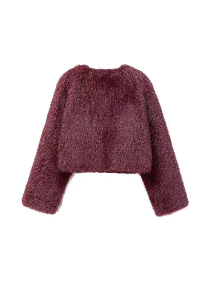 Women's Thick Warm Faux Fur Cropped Jacket, O Neck, Long Sleeve, Female Outerwear, Chic Tops, Fashion - Matrix Studios