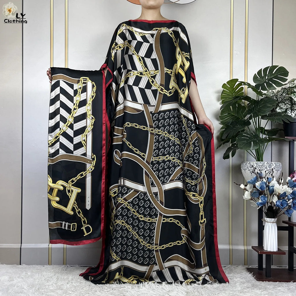 Muslim Abayas For Women 2023 New Fashion Printed Silk Soft Loose Femme Elegant Robe African Maxi Party Dresses With Belt Turban - Matrix-studios.com