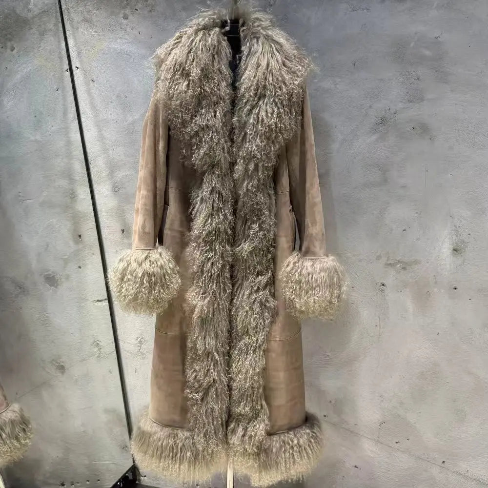 Suede Coat Fur Collar Women Autumn Genuine Sheepskin Coat Long with Mongfolian Fur Trim - Matrix Studios