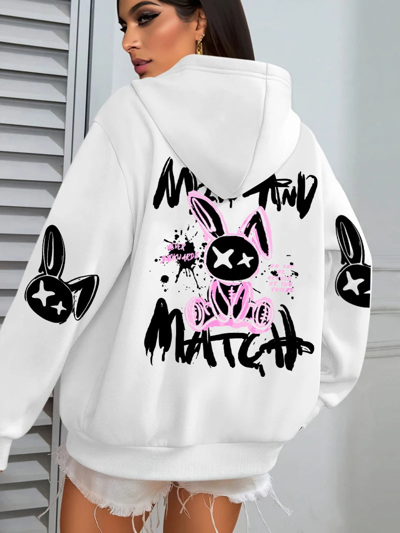 Mix And Match Cartoon Rabbit Prints Women Hoodie Pocket Streetwear Harajuku Loose Hoody All-Match Fleece Female Clothing - Matrix Studios